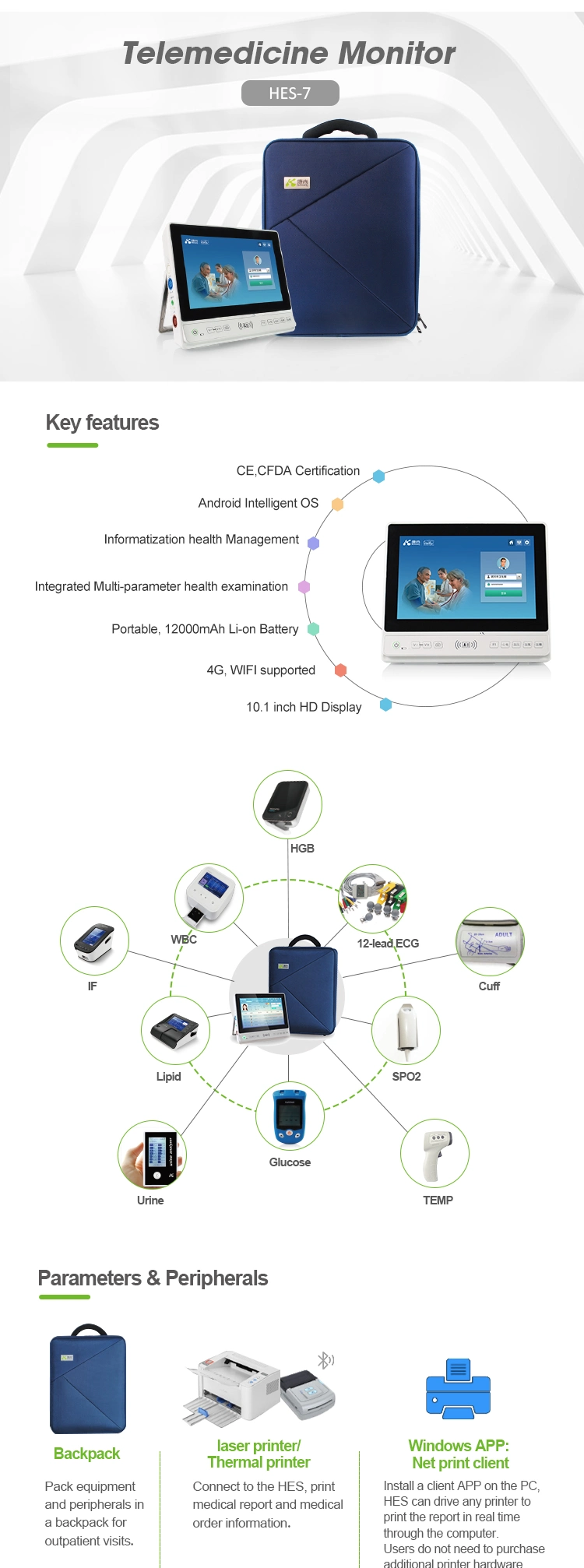 Hes-7 CE Eclinic E-Health Portable Rural Diagnostic Telemedicine Monitor for E-Hospital Medical Equipment with Health Examination System